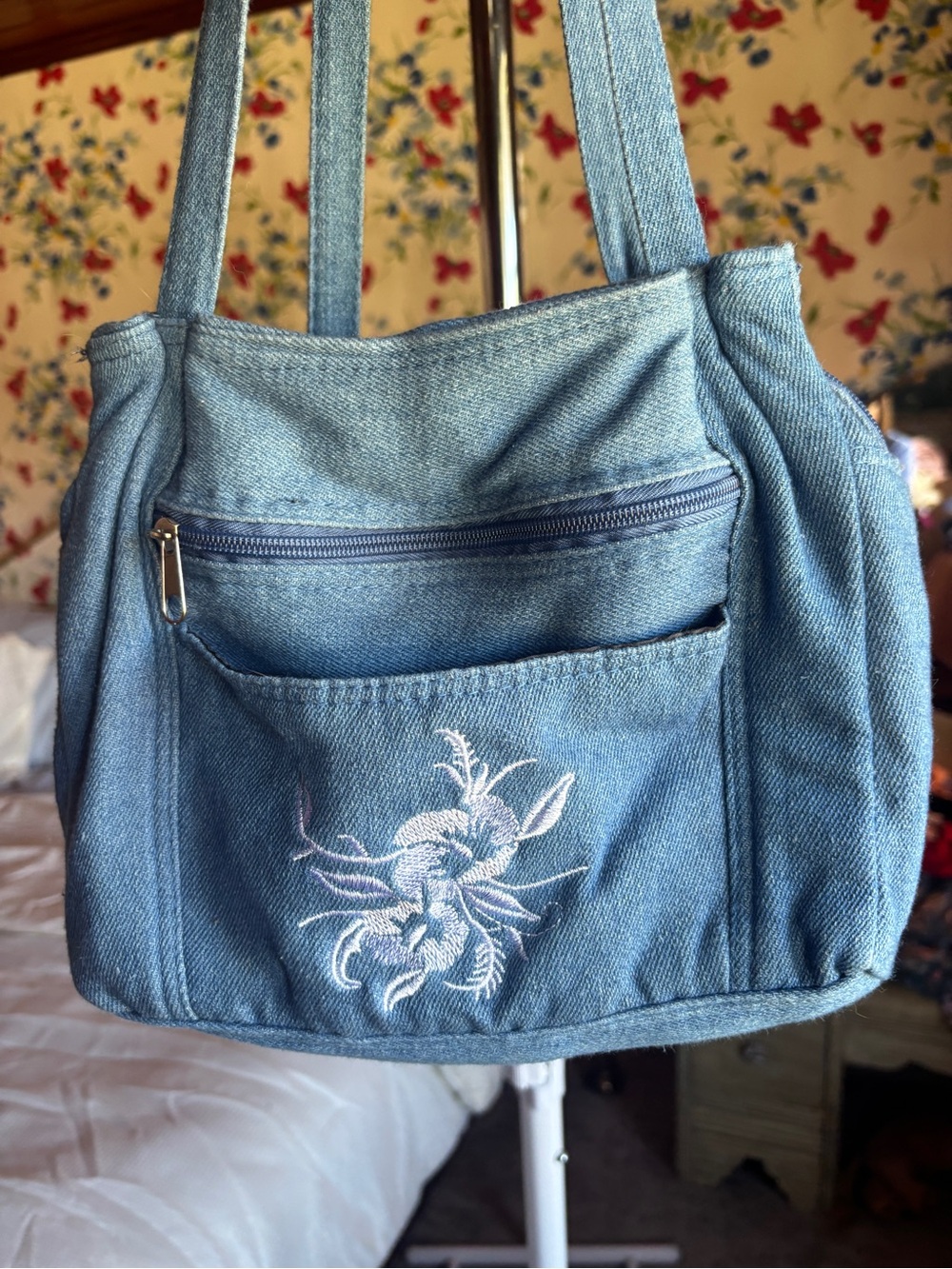 vintage y2k denim shoulder bag w pockets embroidered floral 90s boho tote purse